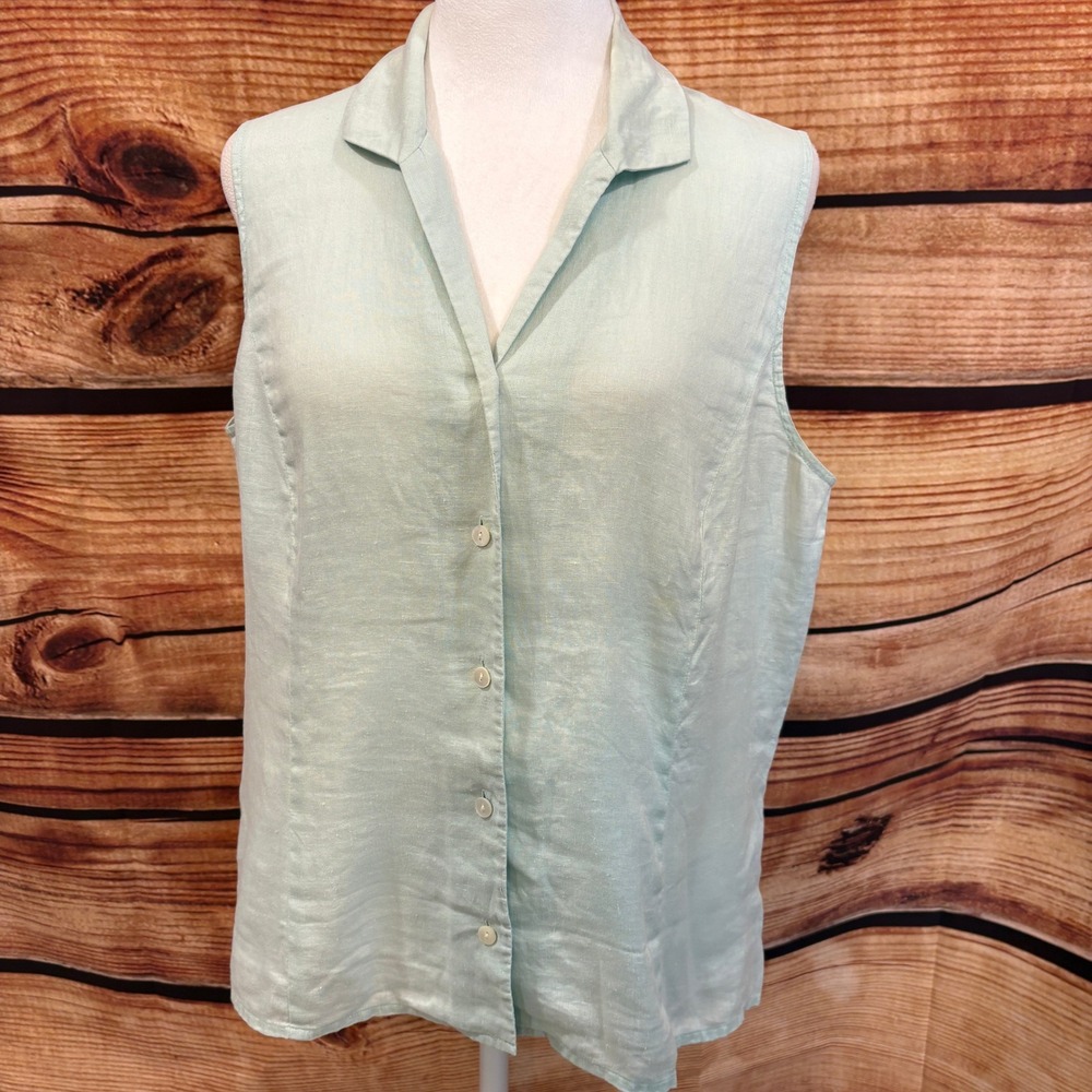 Ann Taylor Womens 100% Linen Mint Green Sleeveless Button Down Top Size L
